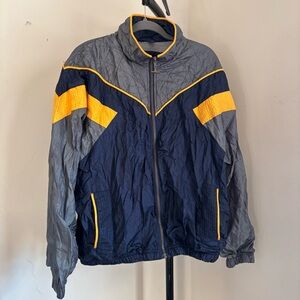 Vintage Men's Gray and Blue Jacket with Yellow Accents